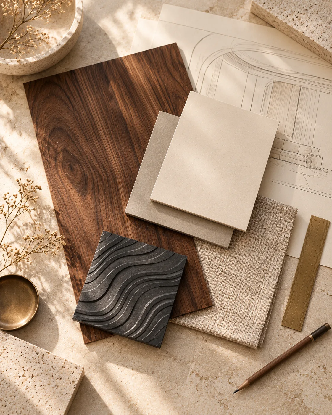Curated laminate and veneer samples arranged beside a designer sketch