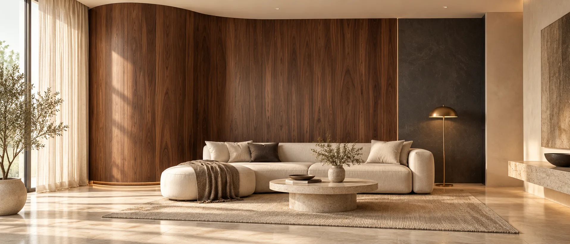 Fictional material inspiration scene with a curved walnut wall, oat plaster and soft daylight